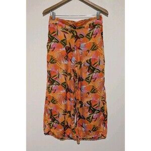 C&C California M Bold Orange Linen Floral Wide Leg Pull On Crop Pants Pockets